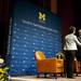 Joan and Sanford Weill Dean of Public Policy Susan Collins and Chairman of the U.S. Federal Reserve System Ben Bernanke shake hands upon the conclusion of the question and answer session at Rackham Auditorium on Monday, Jan. 14. Daniel Brenner I AnnArbor.com